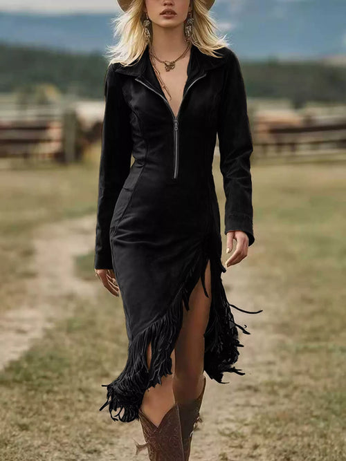 Hazel Blues® | Fringe Hem Zip Front Bodycon Dress