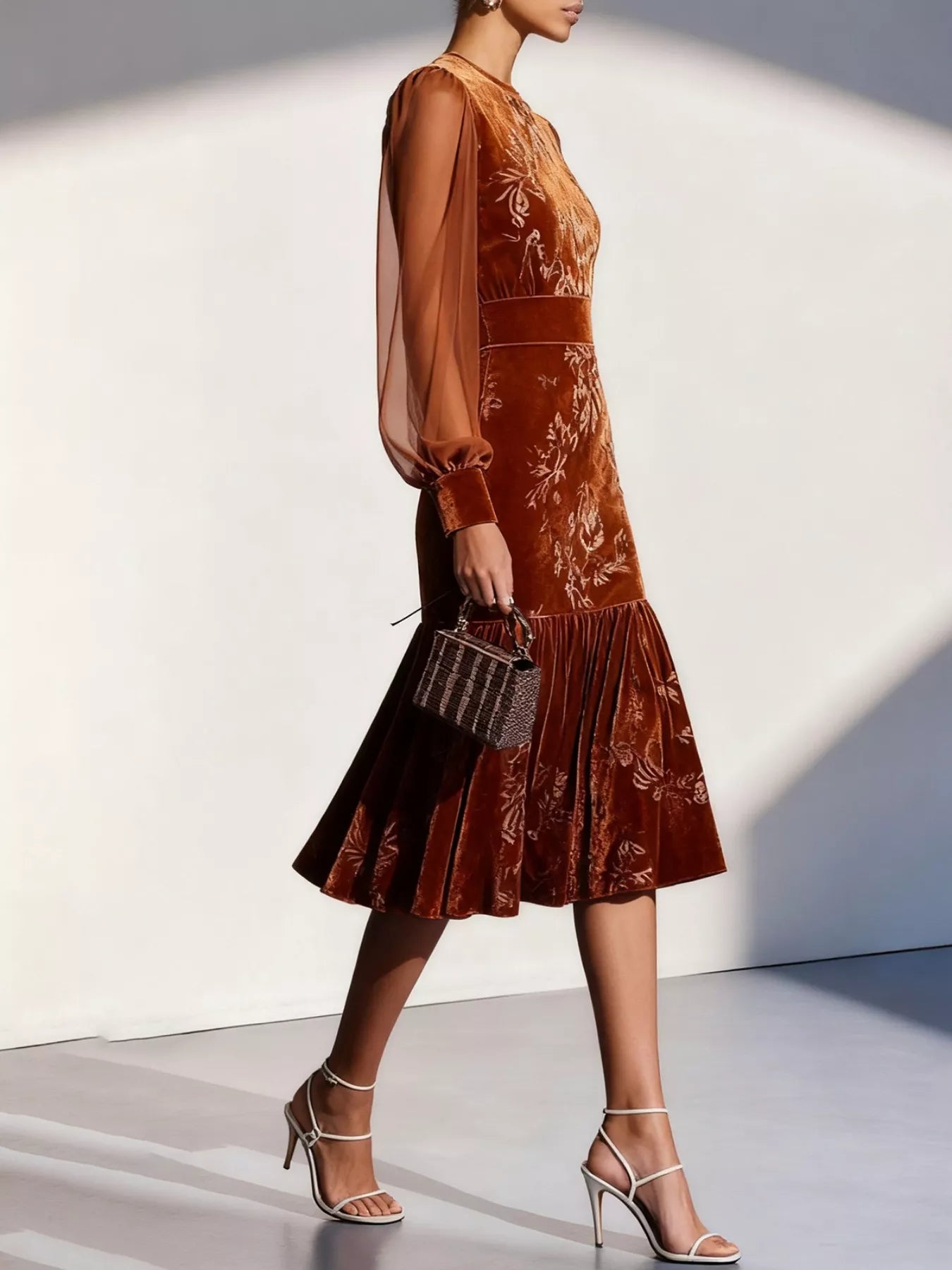 Hazel Blues® |  Velvet Floral Lantern Sleeve Midi Dress