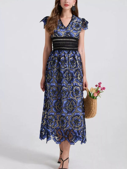 Hazel Blues® |  Printed V-Neck Ruffle Sleeve Midi Dress