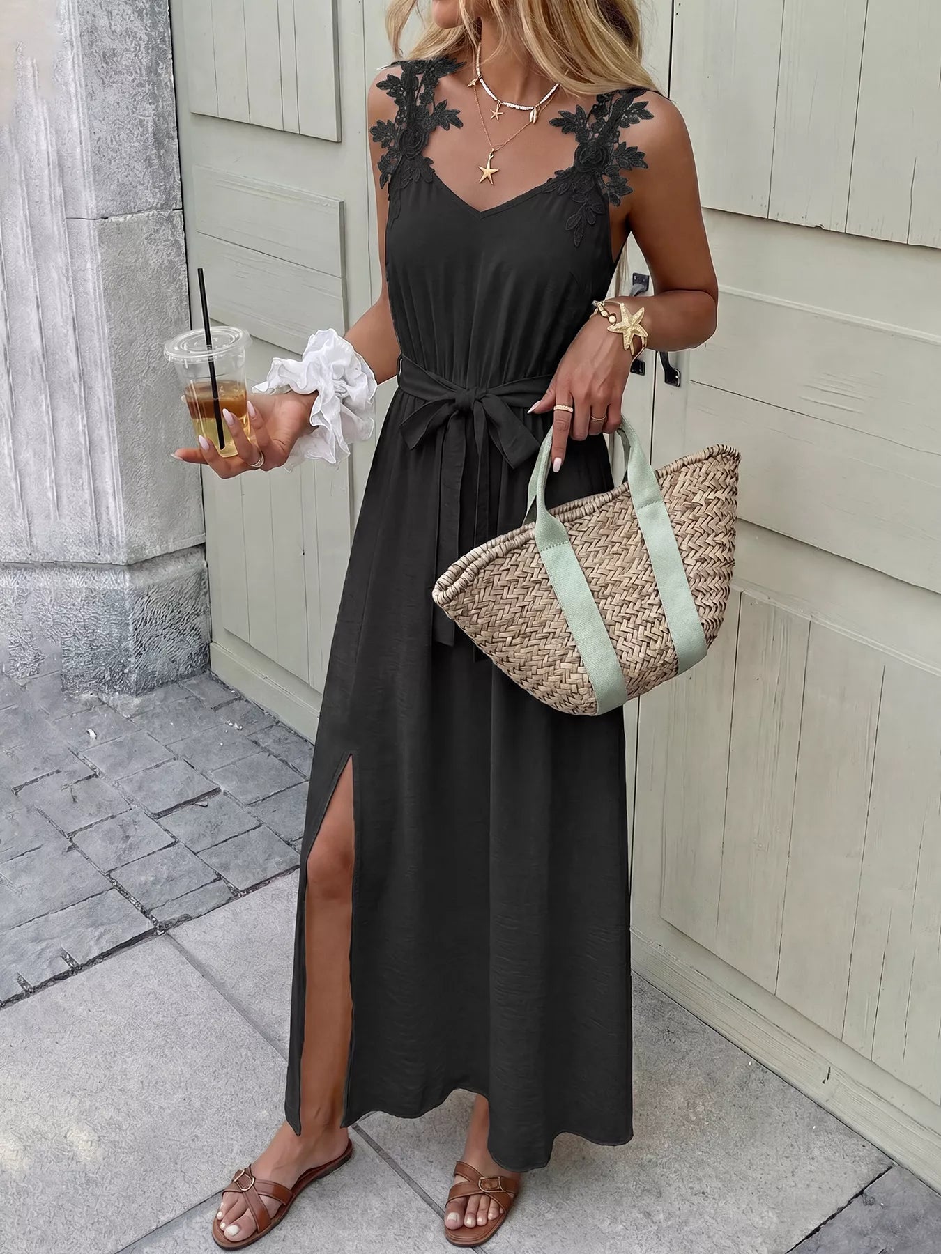 Hazel Blues® |  Lace Trim Slit Maxi Dress