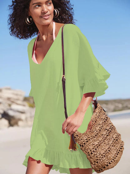 Hazel Blues® | Ruffled Trim V-Neck Cover-Up Dress