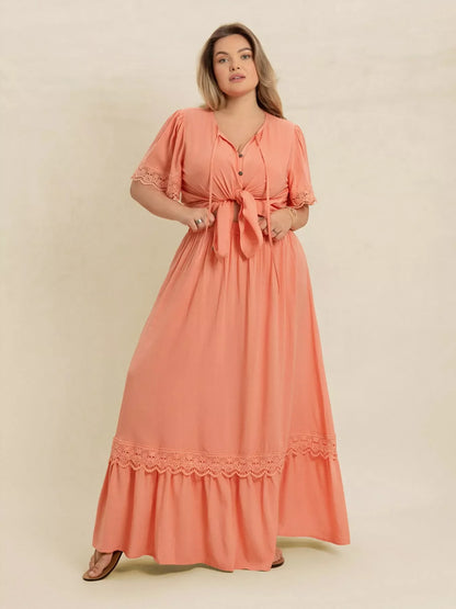 Hazel Blues® | Lace Detail Tie Neck Top and Skirt Set