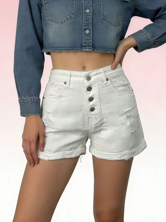 Hazel Blues® |  High-Waisted Button-Fly Distressed Denim Shorts