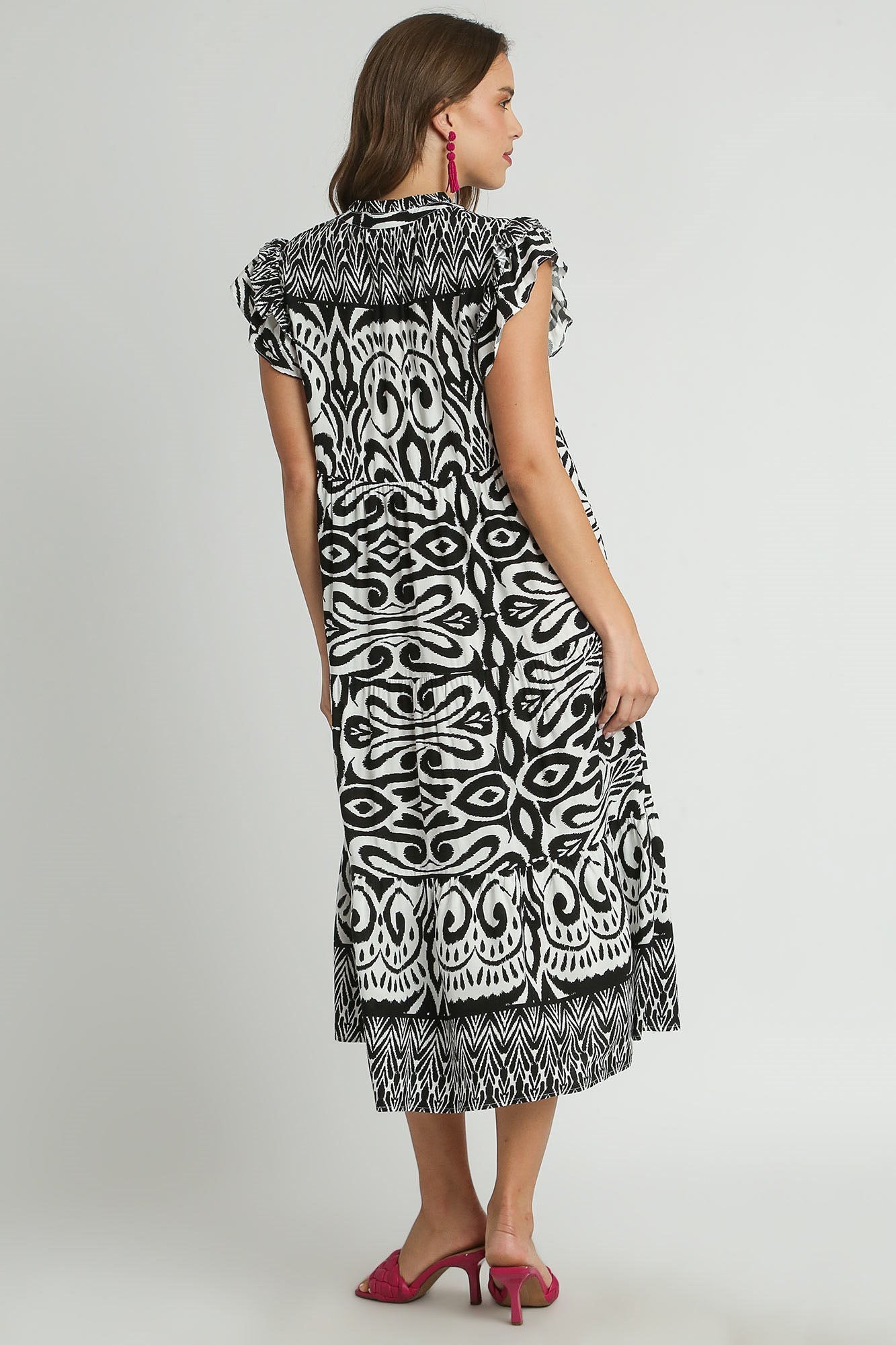Hazel Blues® | Umgee Two Tone Border Print Ruffle Cap Sleeve Midi Dress