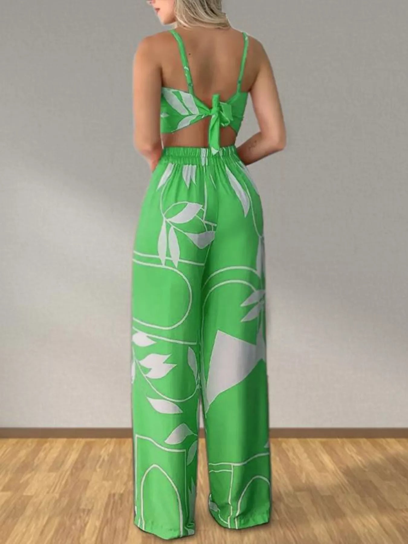 Hazel Blues® |  Tropical Print Spaghetti Strap Crop Top and Wide Leg Pants Set