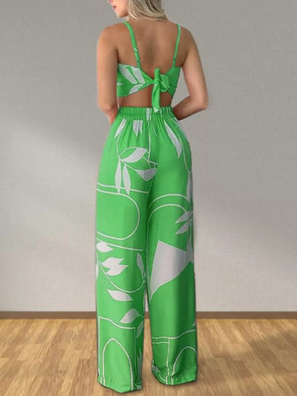 Hazel Blues® |  Tropical Print Spaghetti Strap Crop Top and Wide Leg Pants Set