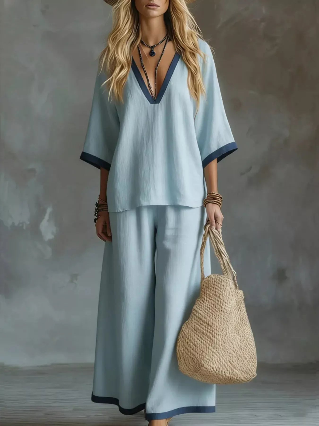 Hazel Blues® |  Contrast Trim V-Neck Top and Pants Set