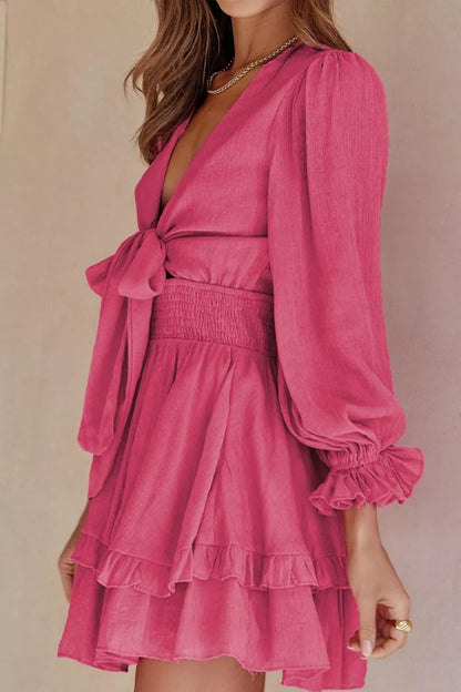 Hazel Blues® |  Elegant Tie-Front Ruffle Mini Dress with Smocked Wiast