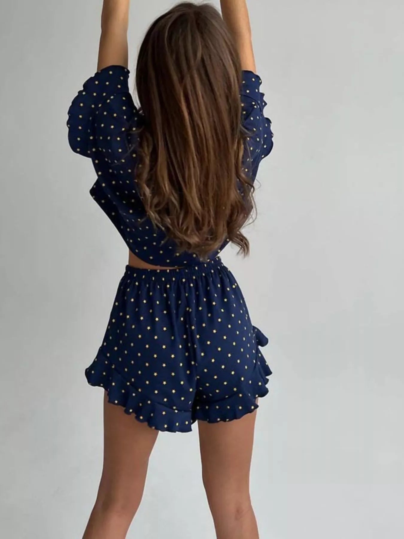 Hazel Blues® |  Printed Crop Top and Ruffled Shorts Lounge Set
