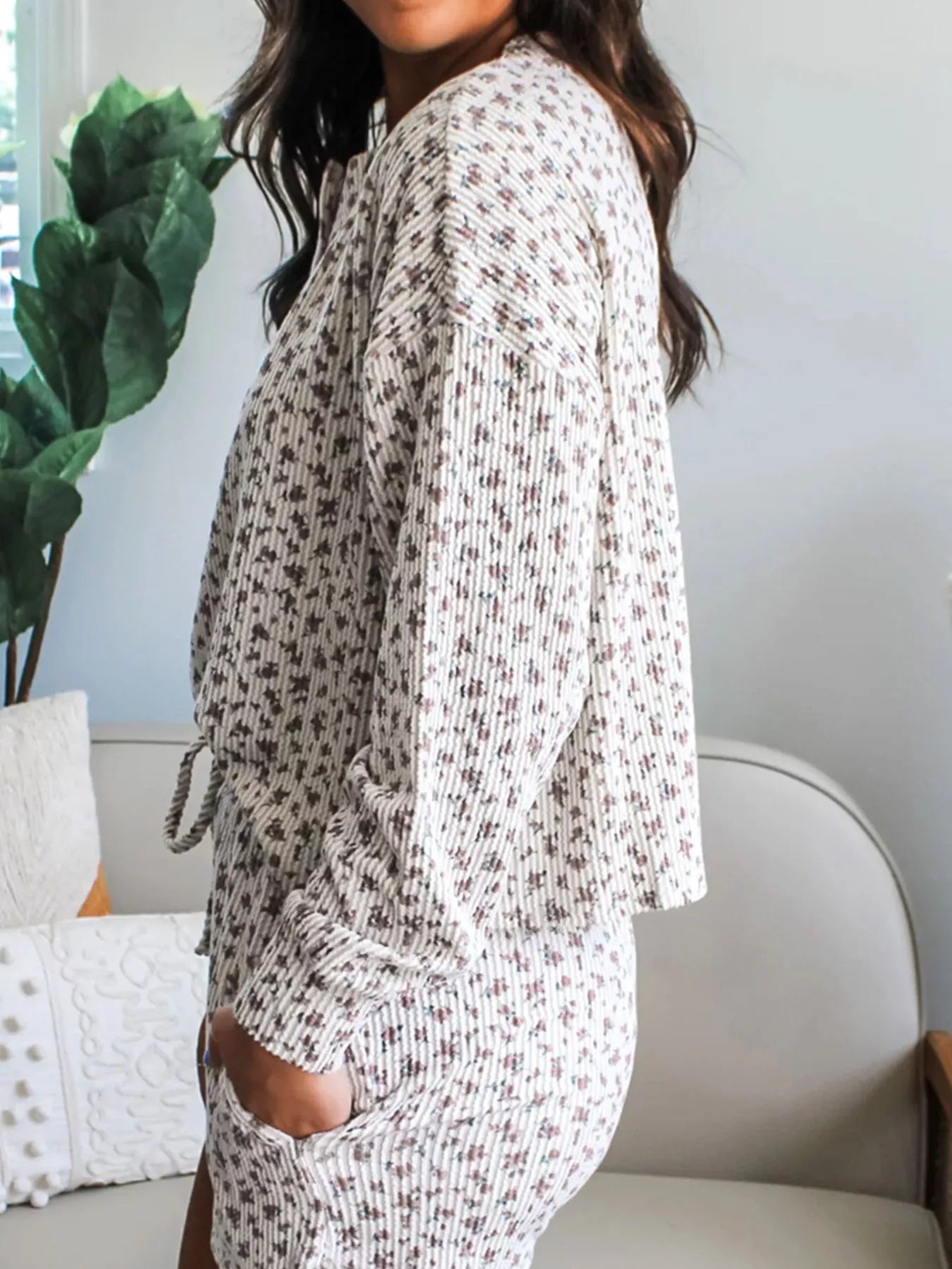 Hazel Blues® |  Spiral Ribbed Floral Print Long Sleeve Henley Top Drawstring Short Set