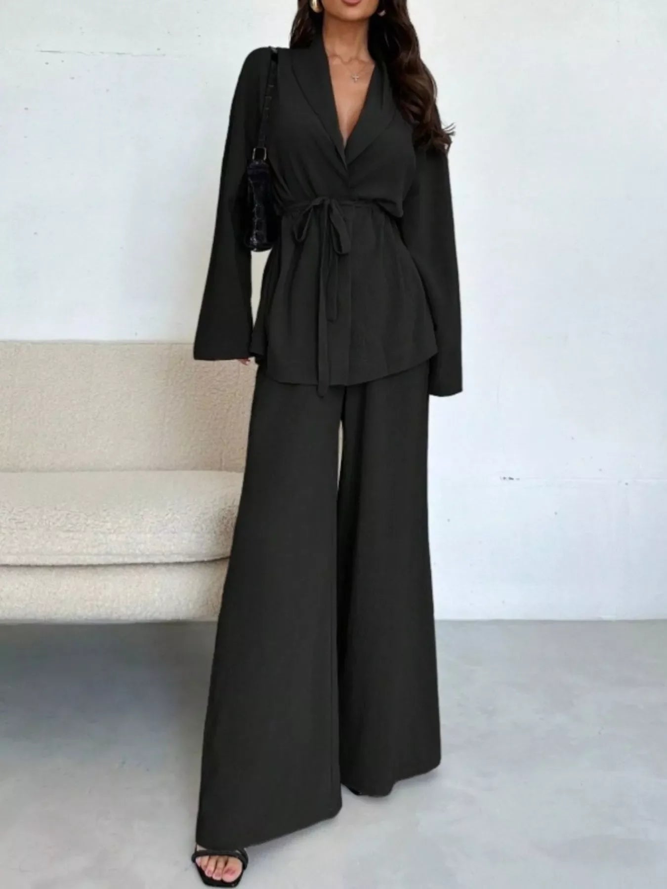 Hazel Blues® |  Front Tied Shirt and Wide-Leg Pants Set
