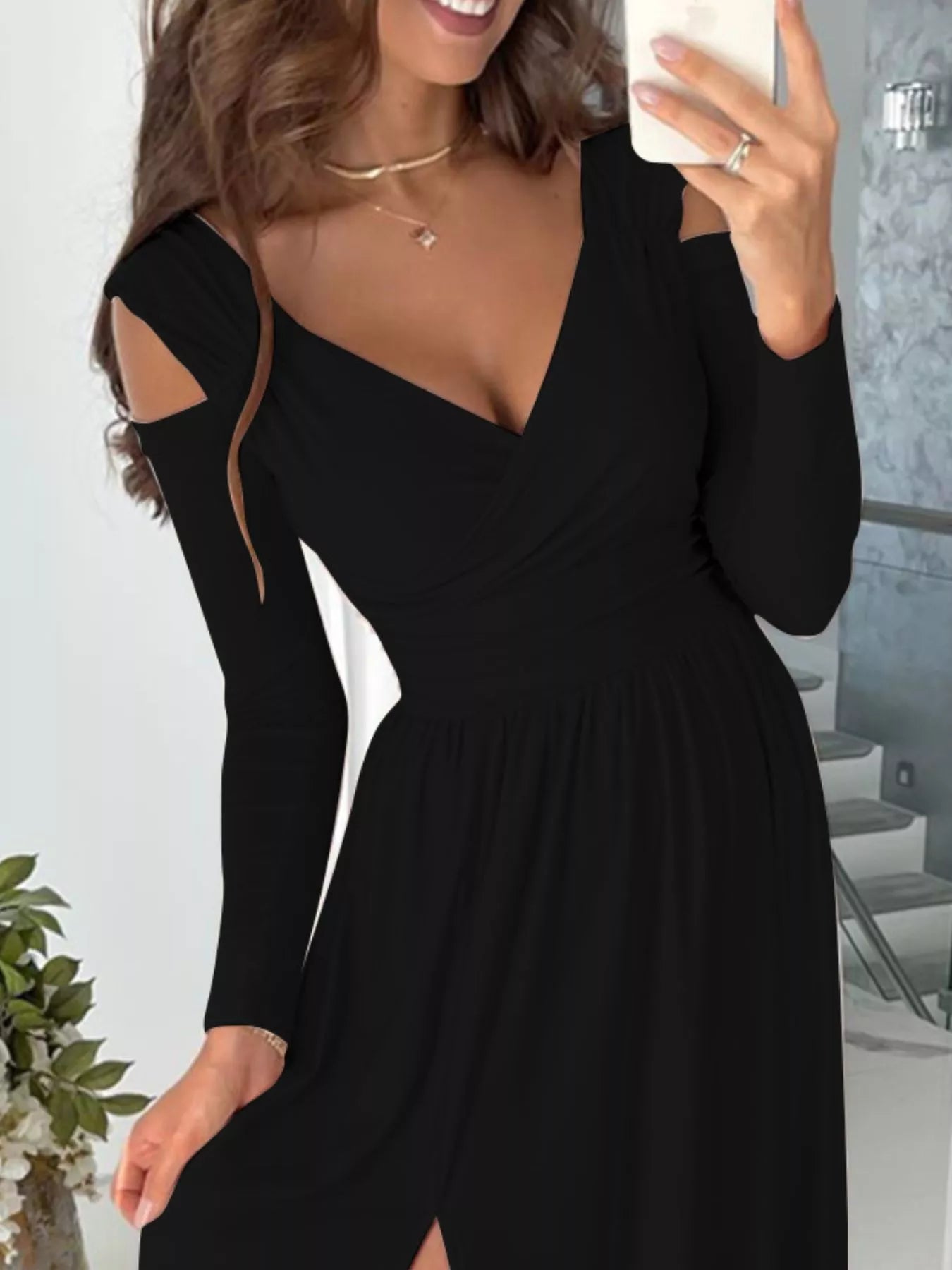 Hazel Blues® |  Slit Surplice Cold Shoulder Maxi Dress