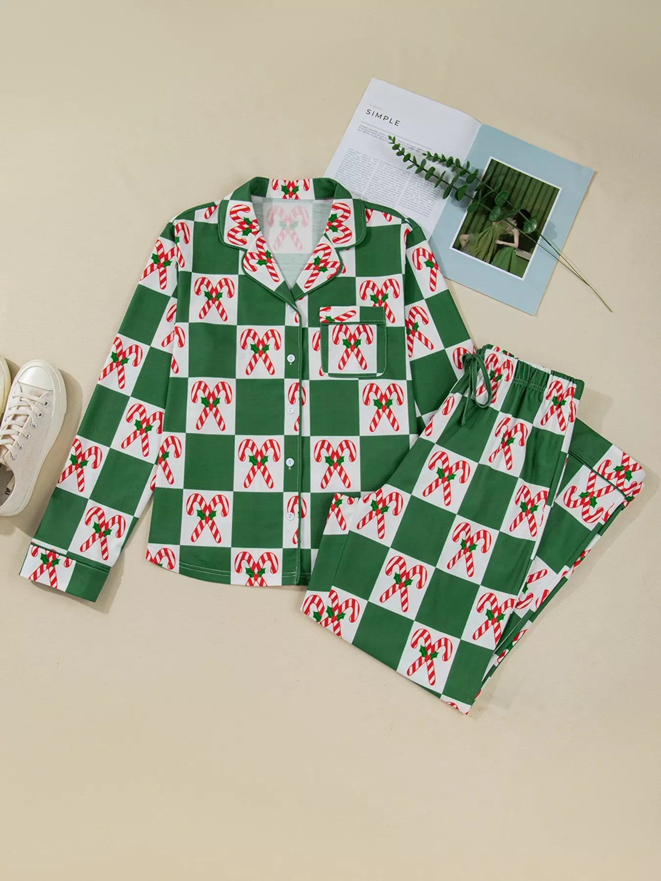 Hazel Blues® |  Candy Cane Checkered Pattern 2pcs Pajama Set
