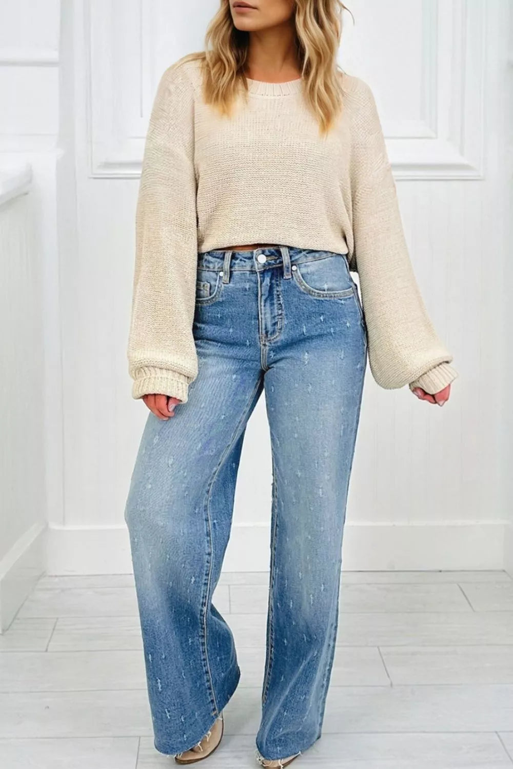 Hazel Blues® |  Distressed Detail Tummy Control Raw Hem Jeans