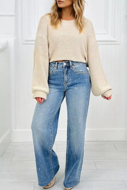Hazel Blues® |  Distressed Detail Tummy Control Raw Hem Jeans