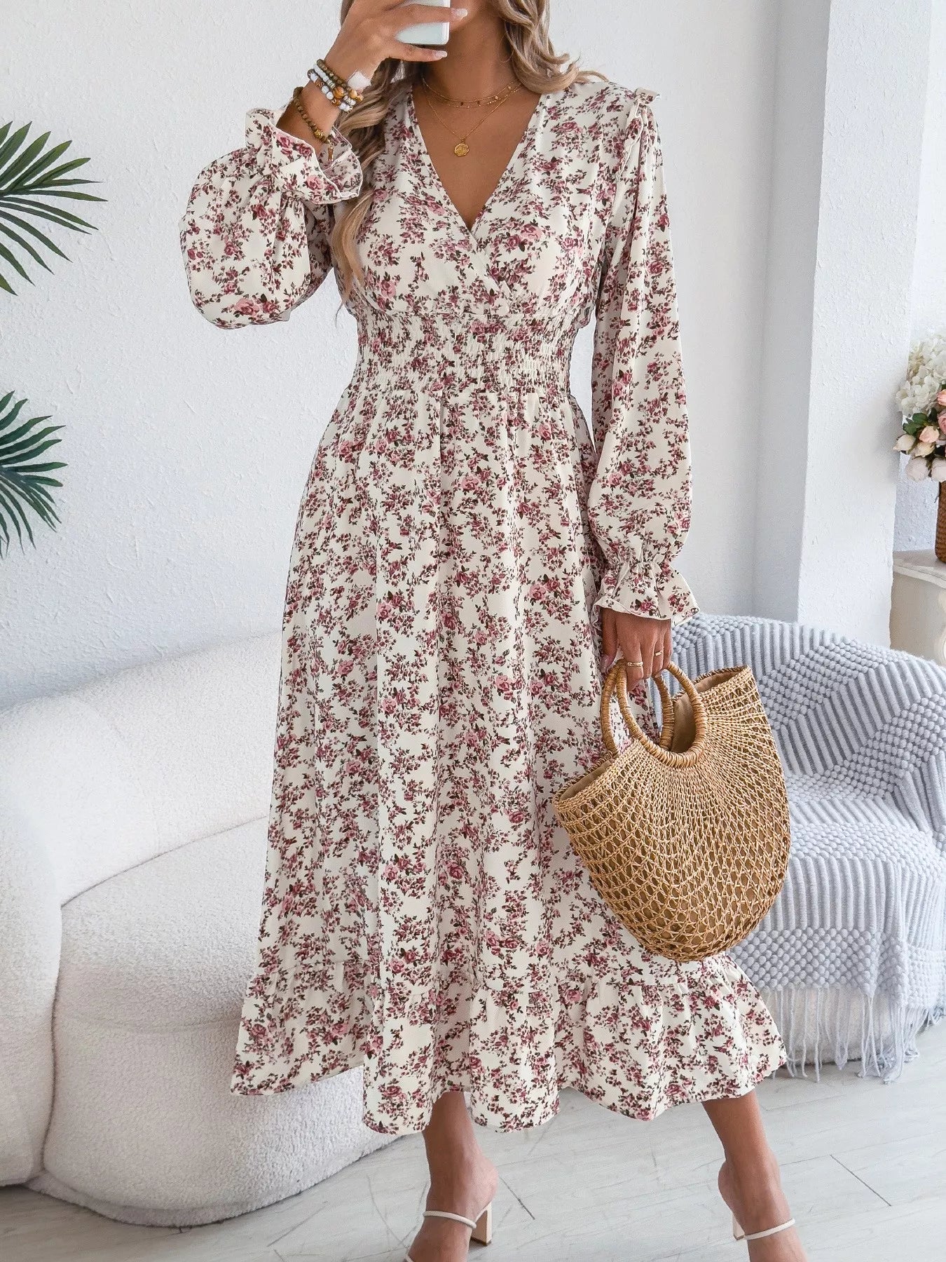Hazel Blues® |  Ruffled Floral V-Neck Flounce Sleeve Dress