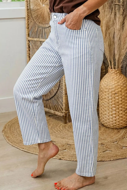 Hazel Blues® |  Striped Barrel Leg Jeans