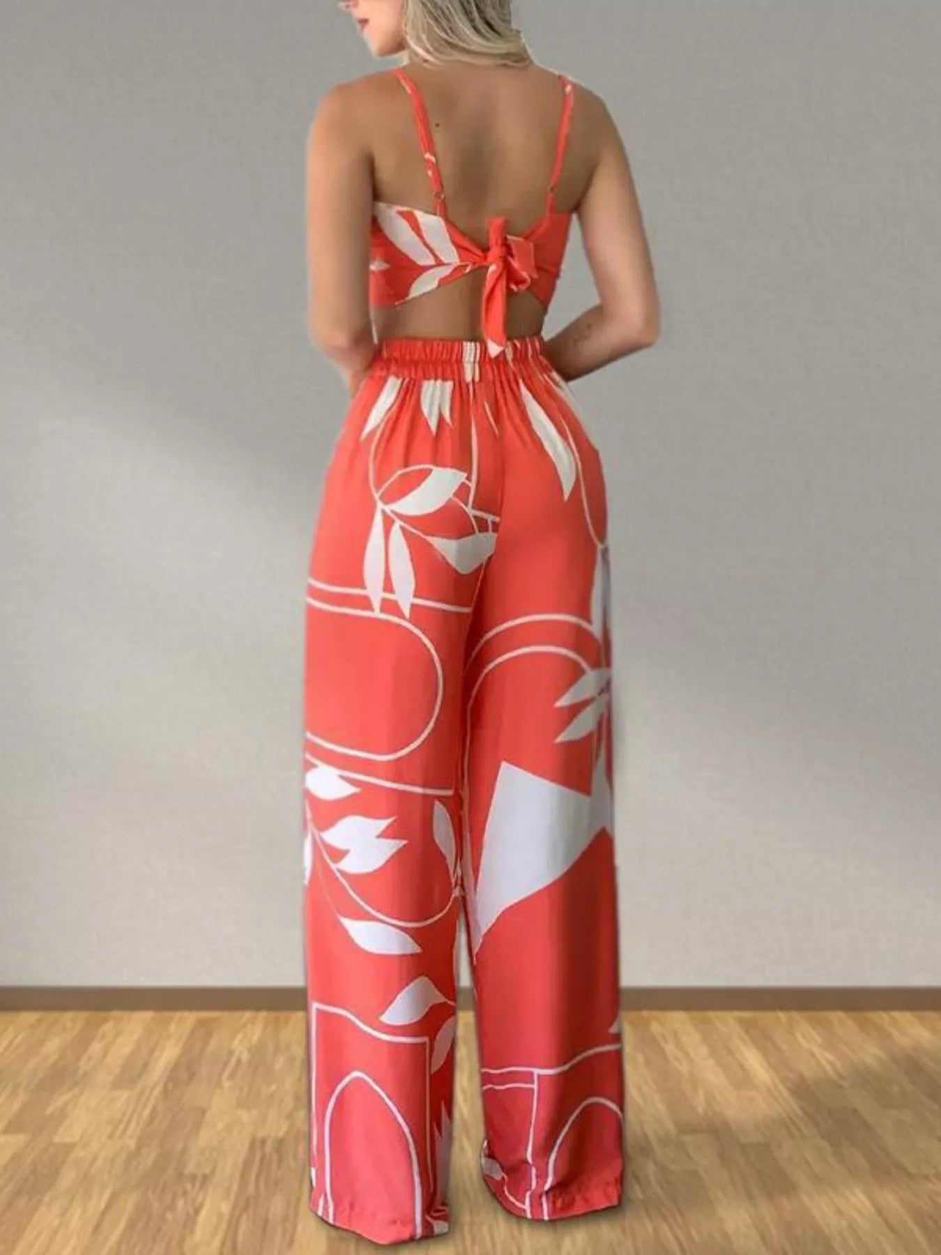 Hazel Blues® |  Tropical Print Spaghetti Strap Crop Top and Wide Leg Pants Set