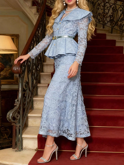Hazel Blues® |  Lace Peplum Top and Skirt Set