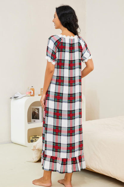 Hazel Blues® |  Plaid Lace Trim Ruffle Hem Night Dress