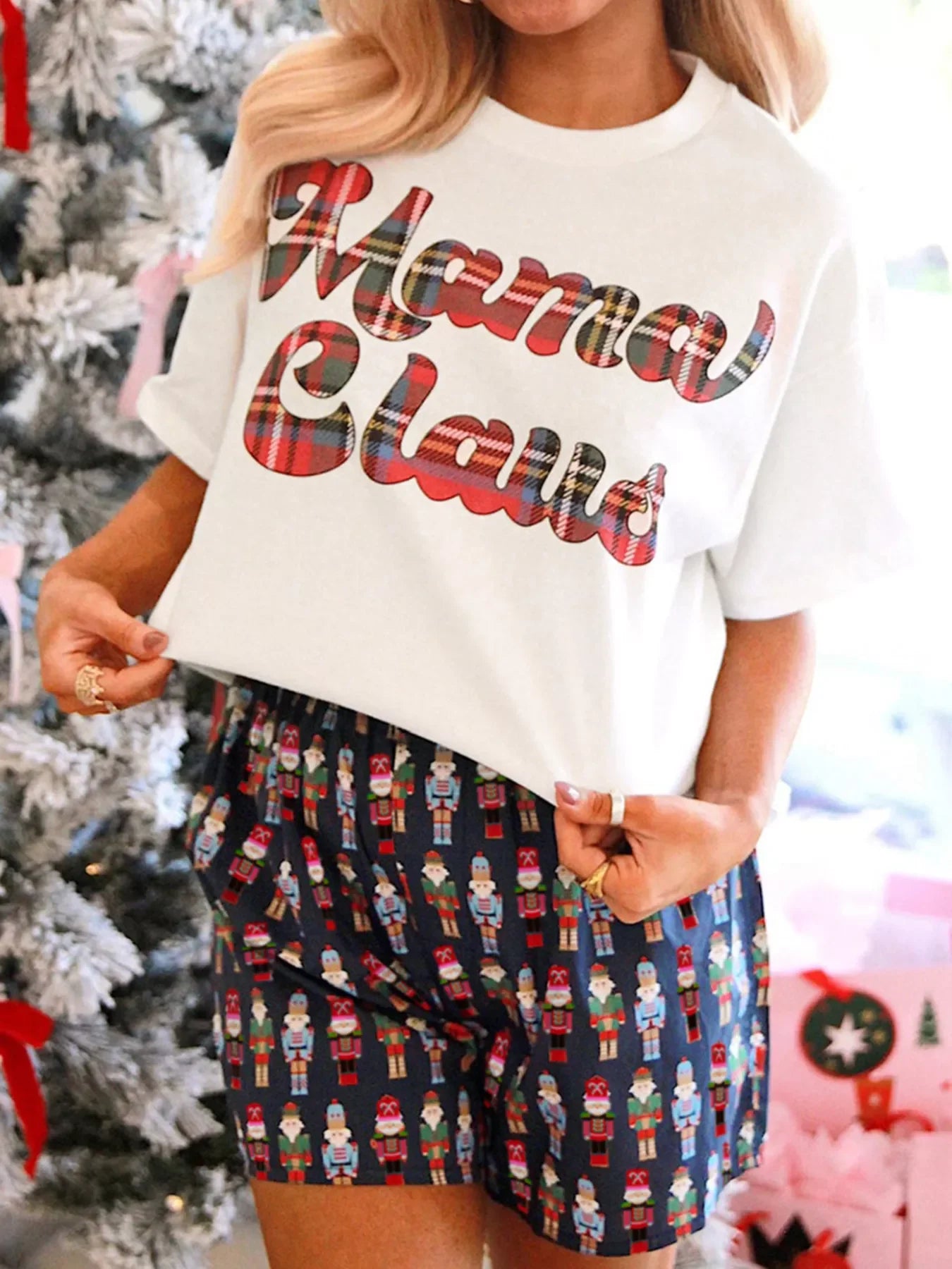 Hazel Blues® |  Mama Claus Plaid Letter Tee and Nutcracker Shorts 2pcs Lounge Set