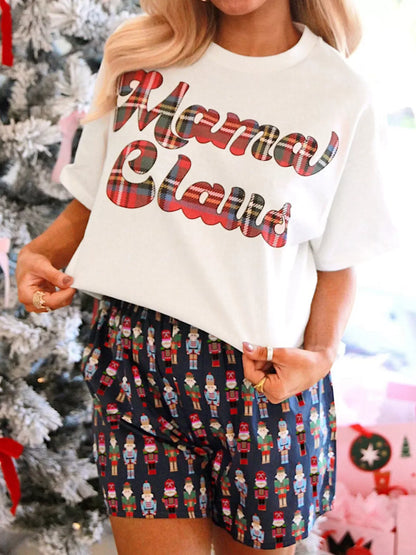 Hazel Blues® |  Mama Claus Plaid Letter Tee and Nutcracker Shorts 2pcs Lounge Set