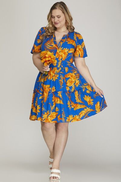 Hazel Blues® | She + Sky Printed Notched Short Sleeve Frill Tiered Dress