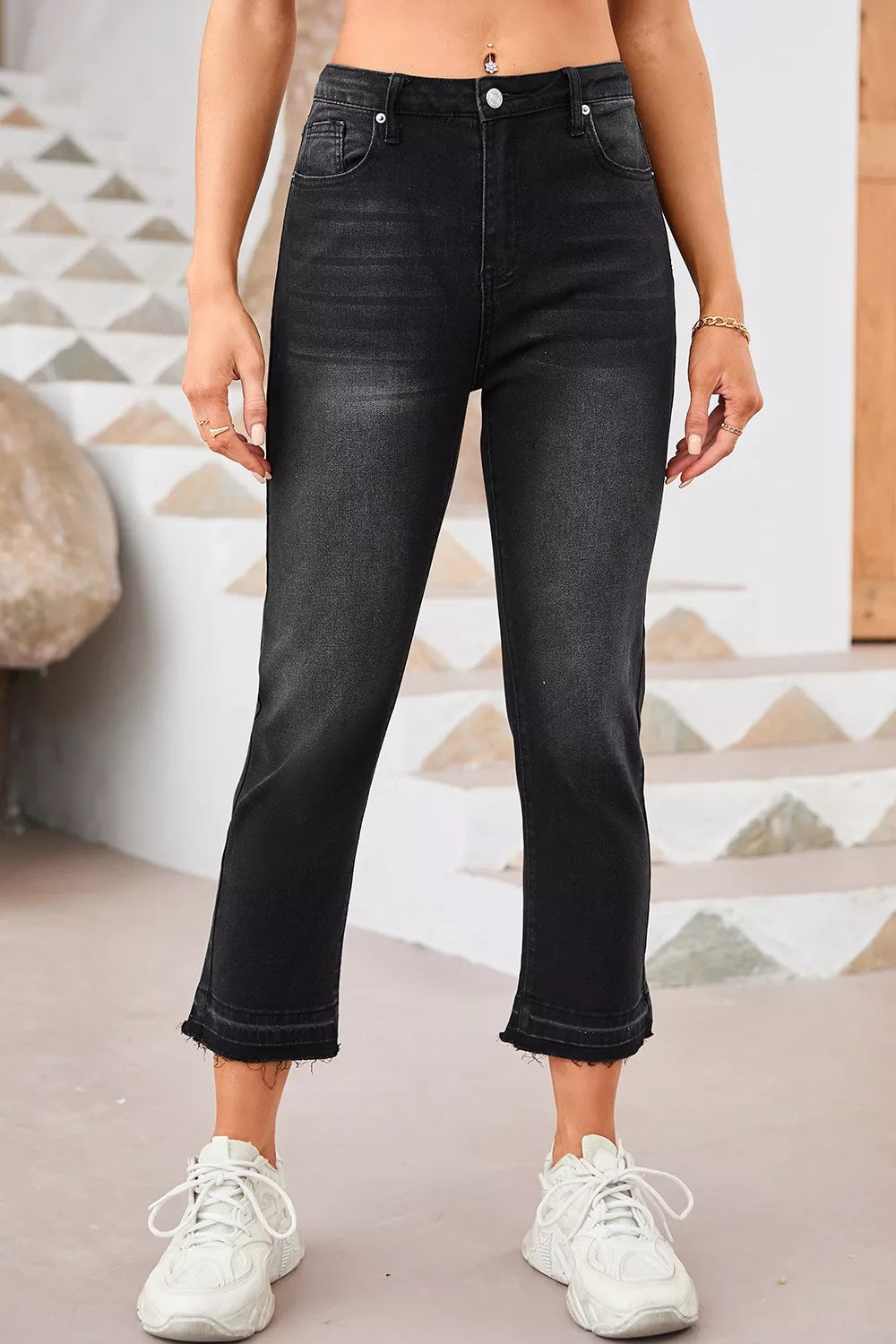 Hazel Blues® |  High-Waisted Distressed Hem Straight Leg Jeans