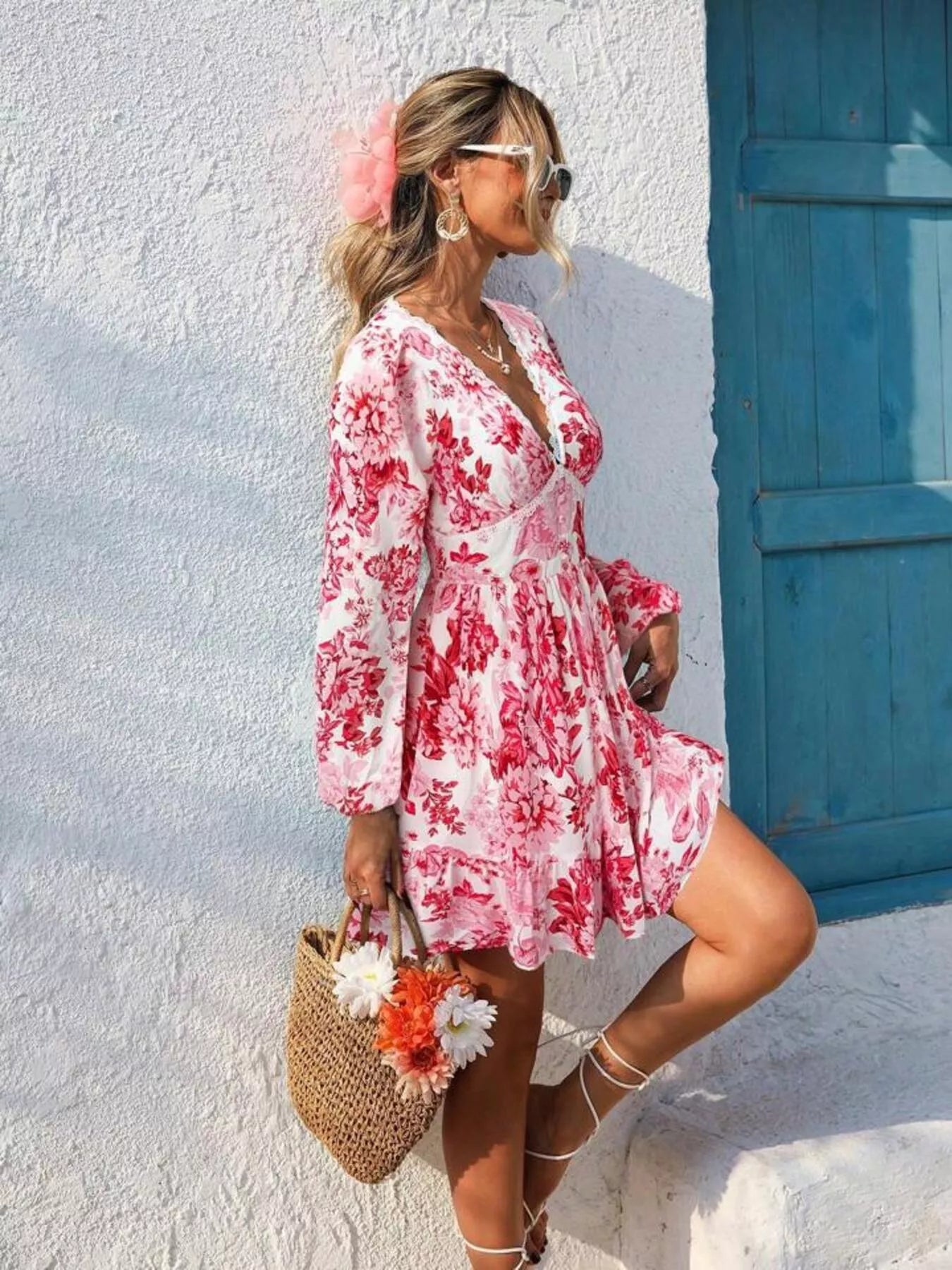 Hazel Blues® | Floral Print V-Neck Long Sleeve Ruffle Hem Mini Dress