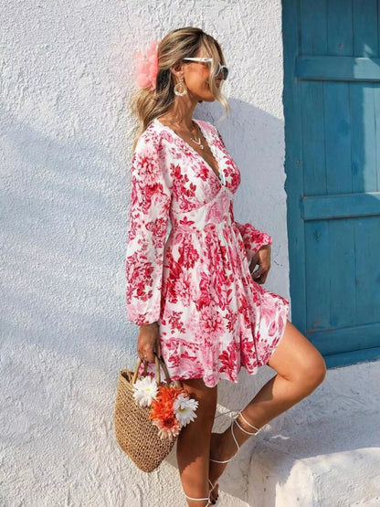 Hazel Blues® | Floral Print V-Neck Long Sleeve Ruffle Hem Mini Dress