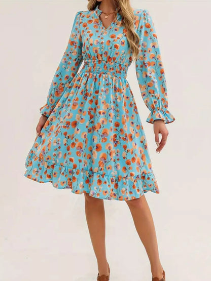 Hazel Blues® |  Floral Notched Flounce Sleeve Dress