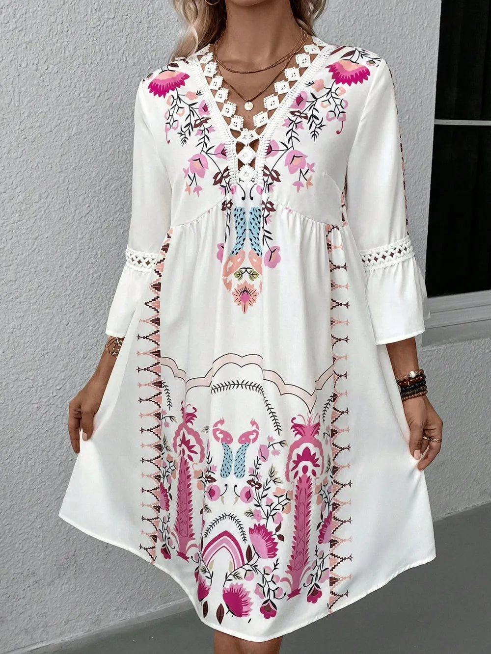 Hazel Blues® |  Lace Detail Printed Three-Quarter Sleeve Dress