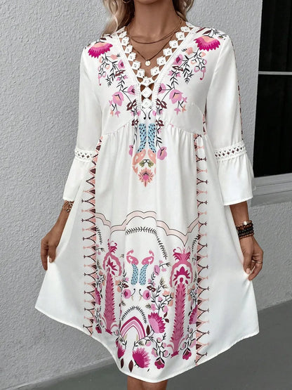 Hazel Blues® |  Lace Detail Printed Three-Quarter Sleeve Dress