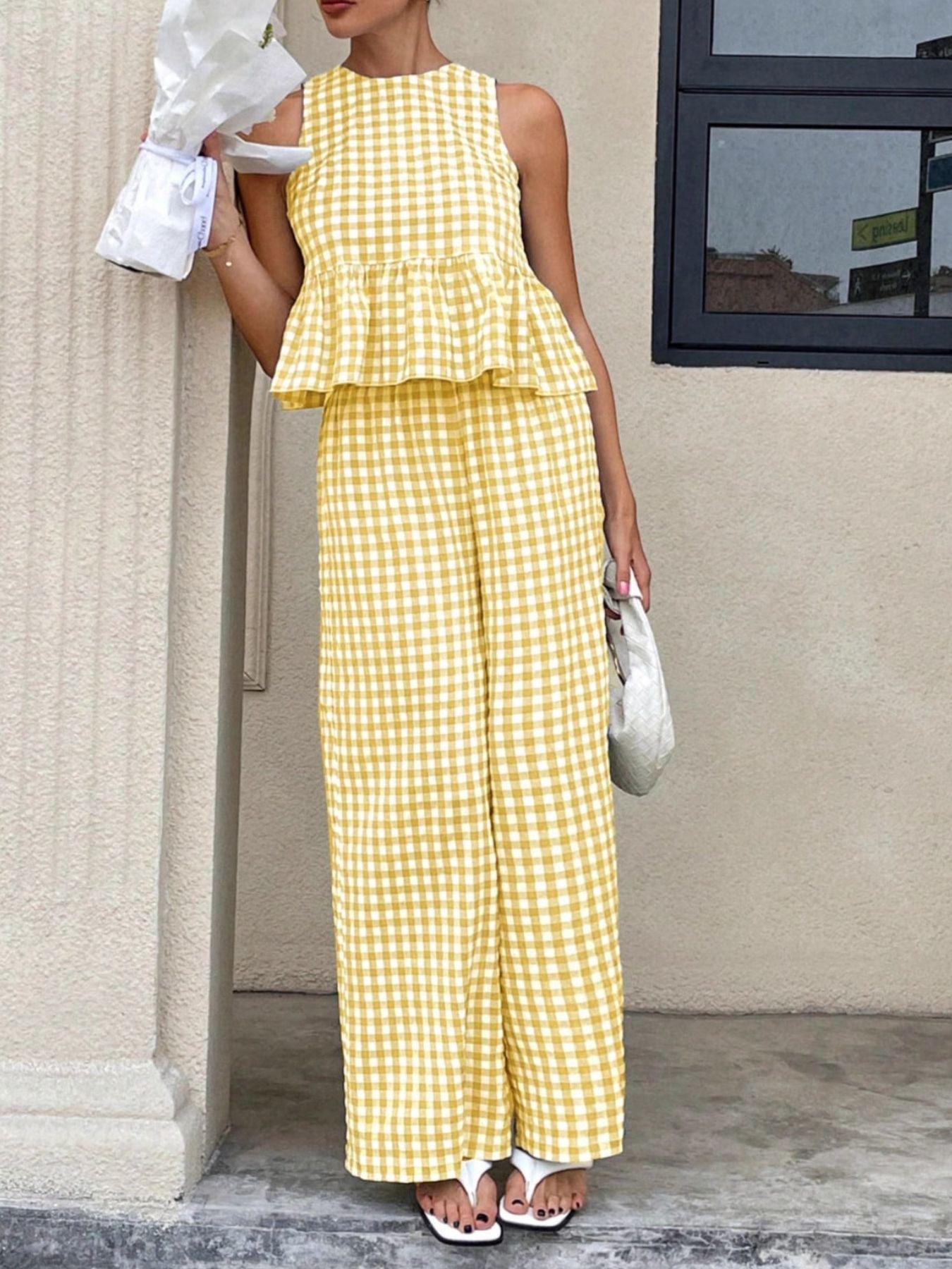 Hazel Blues® |  Gingham Sleeveless Top and Wide-Leg Pants Set