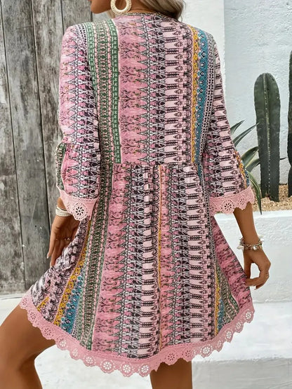 Hazel Blues® |  Lace Trim Printed V-Neck 3/4 Sleeve Dress