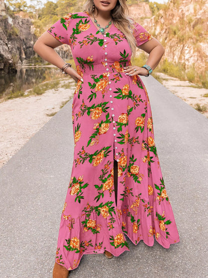 Hazel Blues® | Floral V-Neck Short Sleeve Maxi Dress