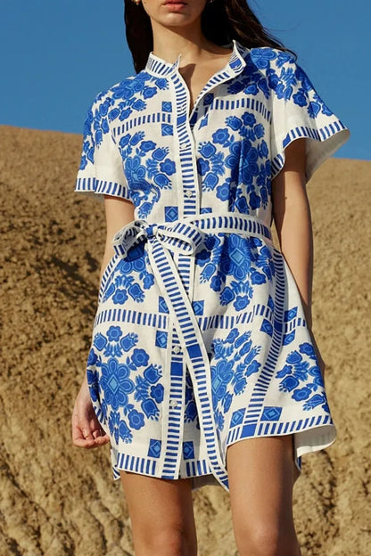 Hazel Blues® |  Printed Tie Waist Short Sleeve Dress