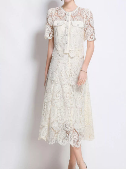 Hazel Blues® |  Lace Button Up Top and Skirt Set