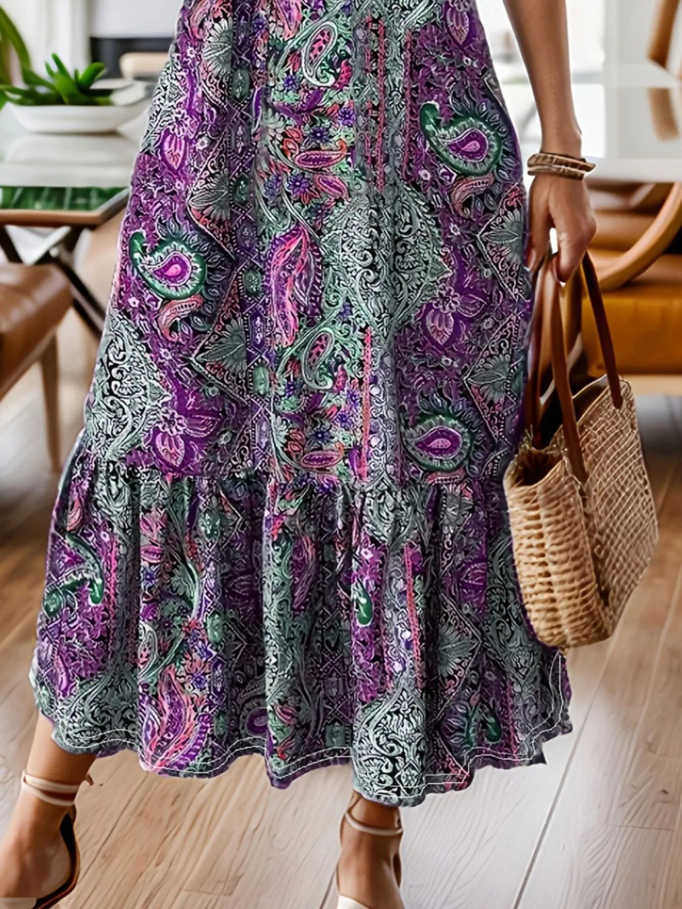 Hazel Blues® | Bohemian Paisley Print Ruffle Hem Midi Dress