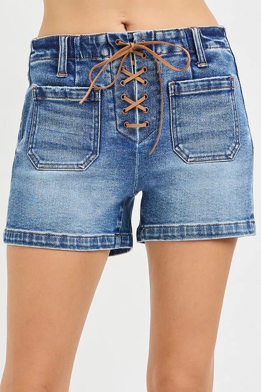 Hazel Blues® |  RISEN High Rise Front Tie Up Shorts with Patch Pockets