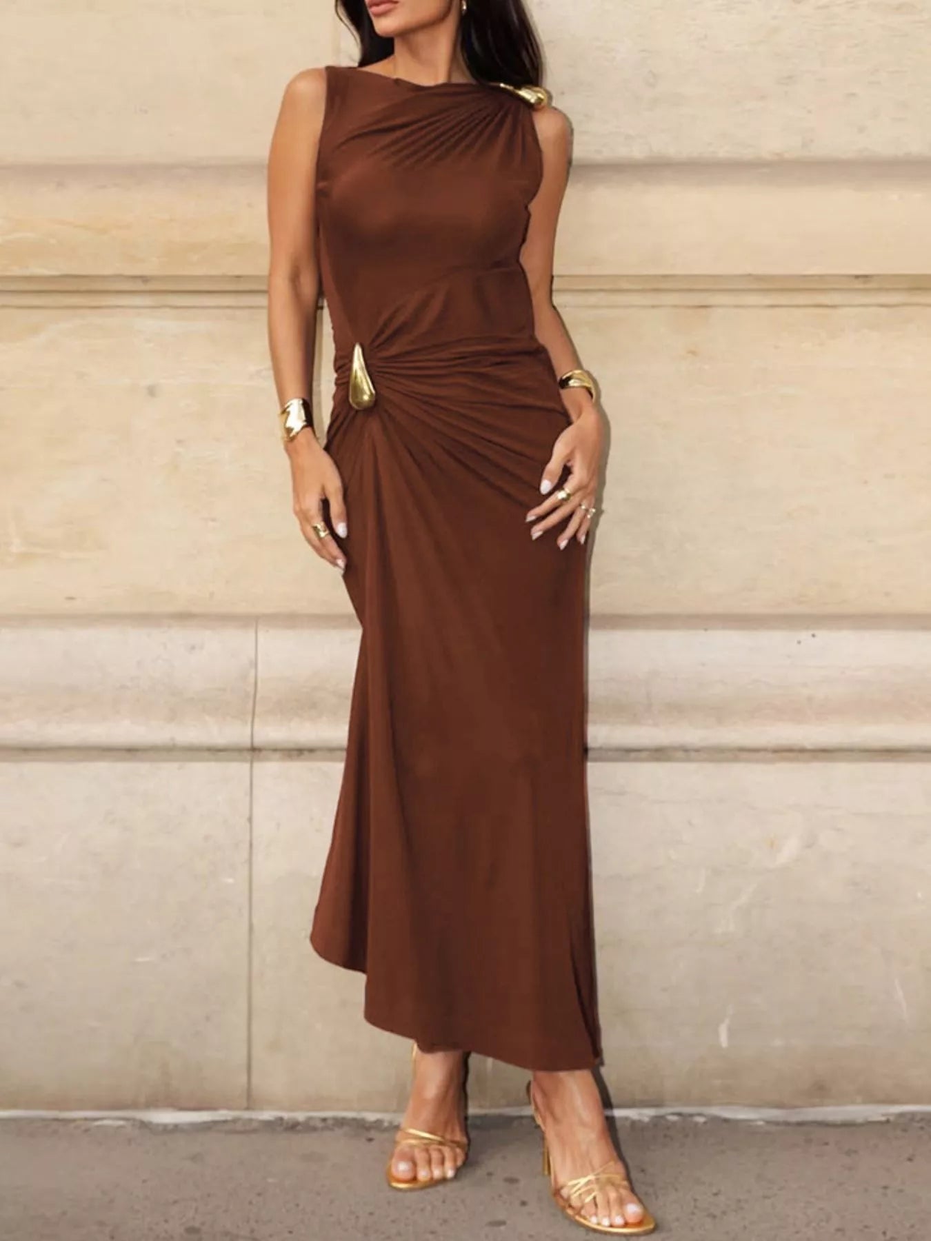 Hazel Blues® |  Draped Sleeveless Bodycon Maxi Dress with Metal Decorative