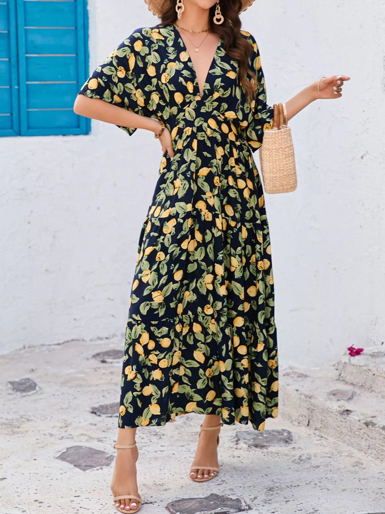 Hazel Blues® |  Printed V-Neck Ruffle Hem Flowy Midi Dress