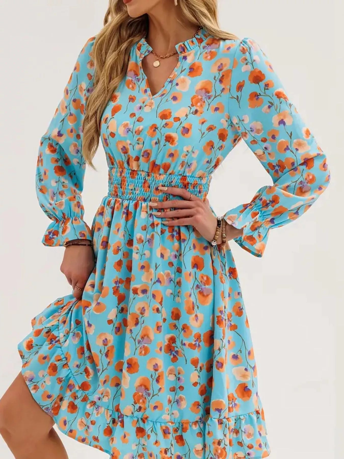 Hazel Blues® |  Floral Notched Flounce Sleeve Dress