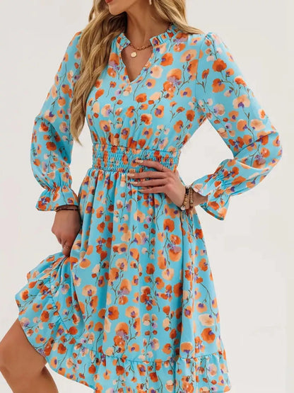 Hazel Blues® |  Floral Notched Flounce Sleeve Dress
