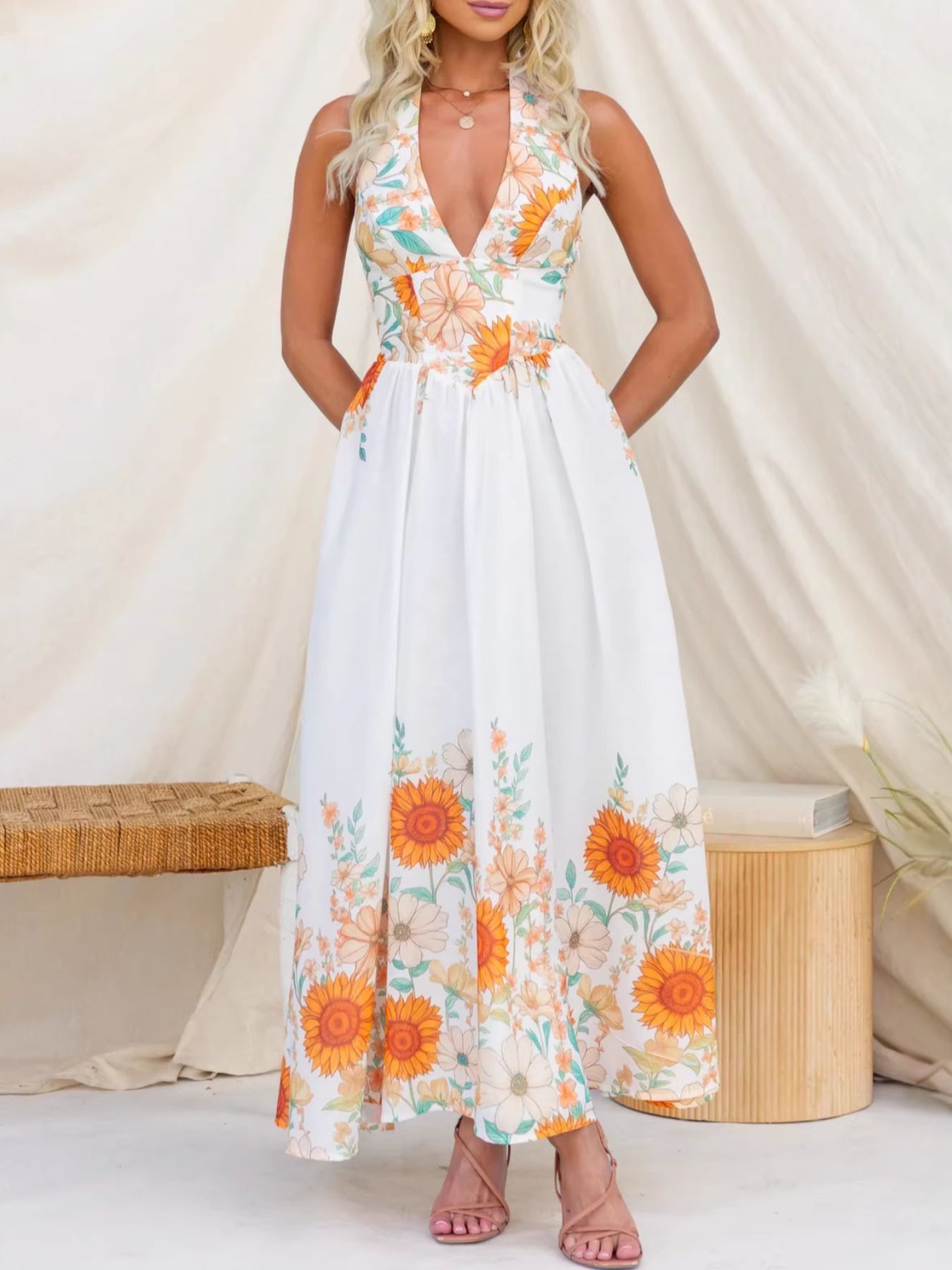 Hazel Blues® |  Floral Print Halter Neck Maxi Dress
