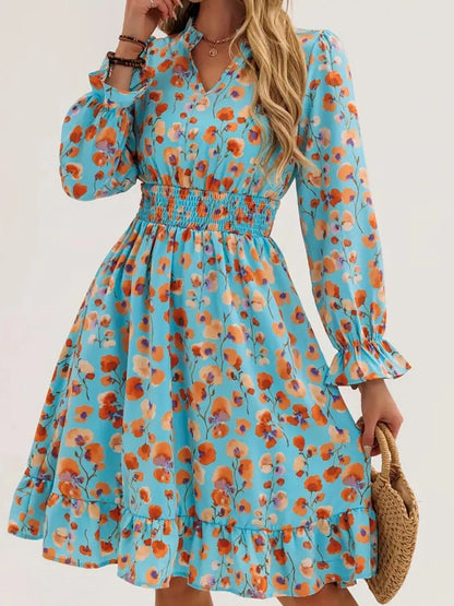 Hazel Blues® |  Floral Notched Flounce Sleeve Dress