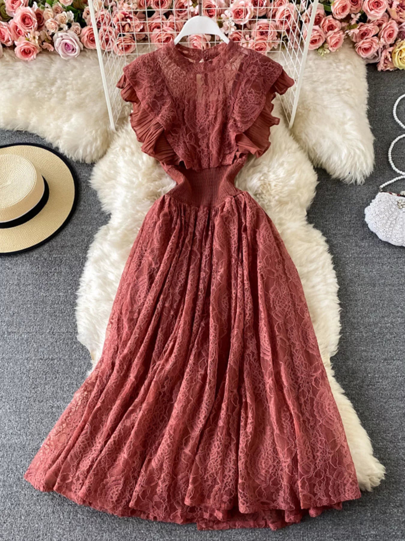 Hazel Blues® |  Ruffled Mock Neck Lace Maxi Dress