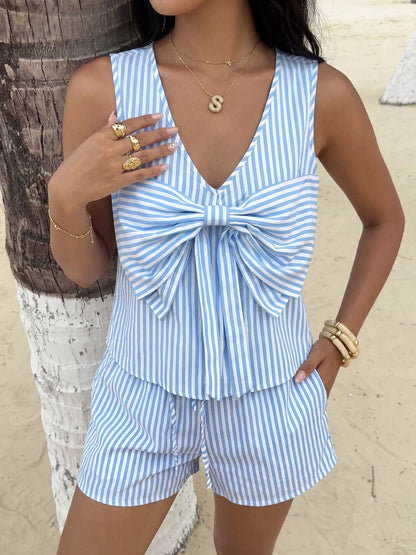 Hazel Blues® |  Striped Bowknot Sleeveless Top & Shorts Set