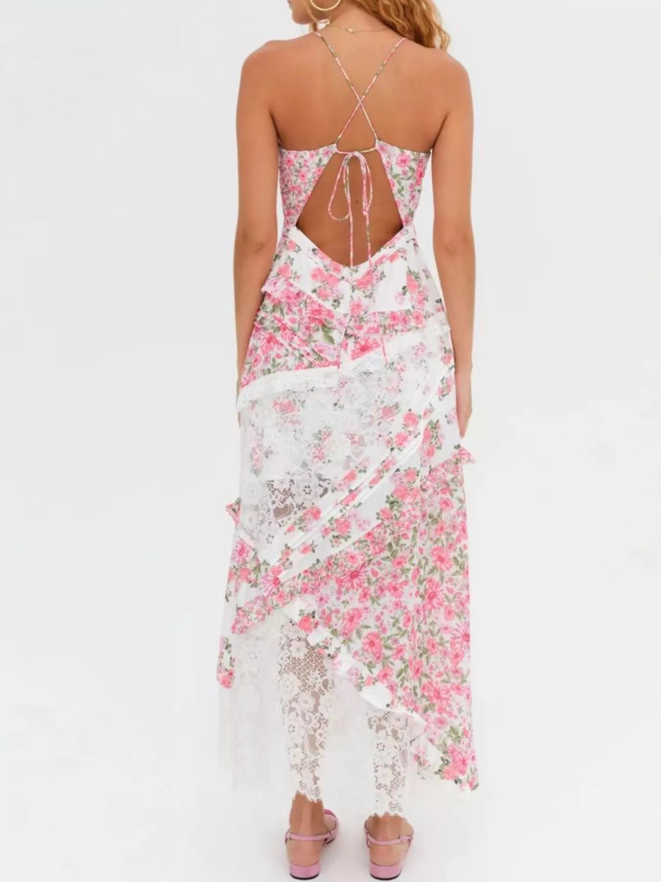Hazel Blues® |  Lace Floral Print Ruffle Trim Maxi Dress