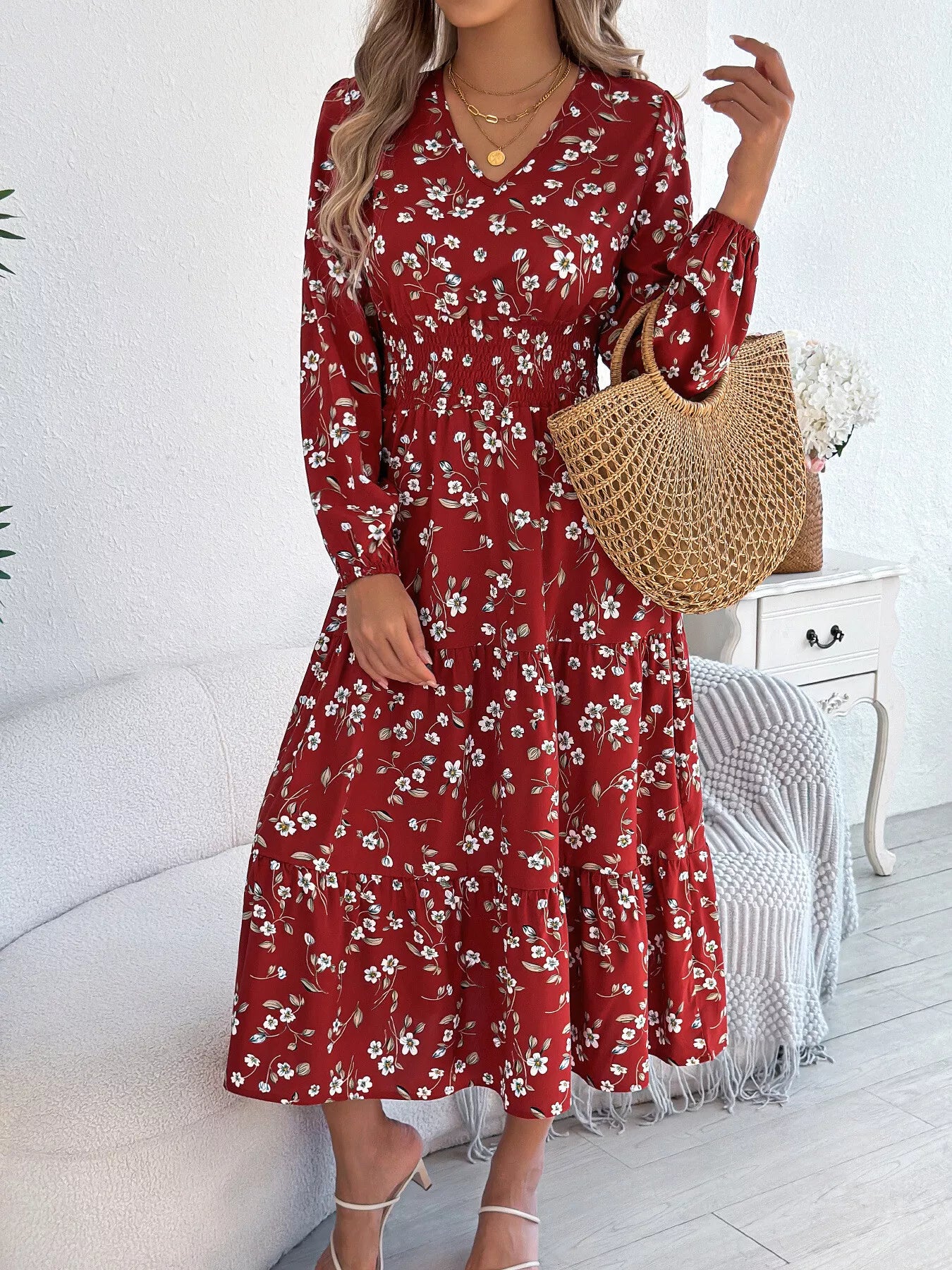 Hazel Blues® |  Floral Print Long Sleeve V-Neck Midi Dress